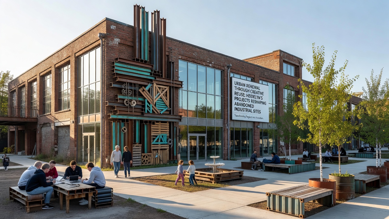 Interior view of a converted industrial hall featuring contemporary art installations, natural lighting from original windows, and community gathering spaces